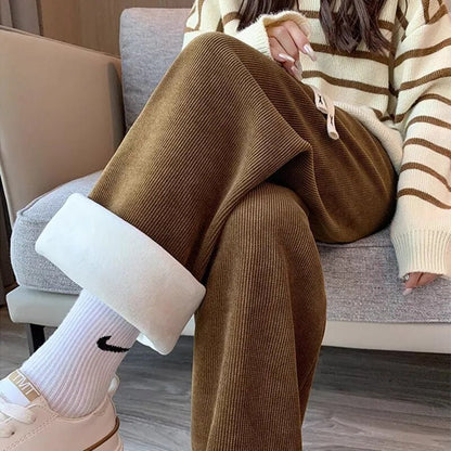 maoxiangshop Keep Warm Thickened Corduroy Trousers Wide Leg Sweatpants Winter Straight Pants Solid Plush High Waist Casual Women's Trousers