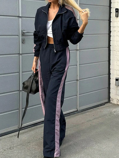 maoxiangshop  -  Color Contrast Sport Pants Sets Autumn New Long Sleeve Zipper Cropped Jacket+Elastic Waist Trouser Streetwear Casual 2 Piece Set