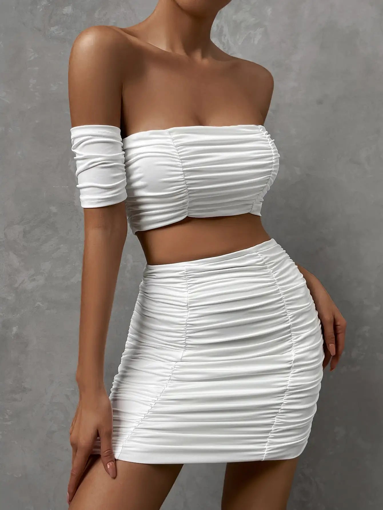 maoxiangshop Women Sexy Off Shoulder Mini Dress Short Sleeve Backless Pleated Party Club Wear Bodycon Ruched Two Piece Set Female Frocks