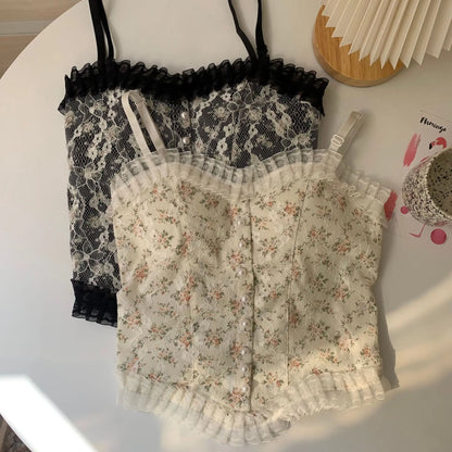 maoxiangshop-Lace Flower Print Cami Crop Tank Tops Summer Camisole Women's Tube Top Elegant Slim Short Tanks Vest Sexy Y2k Pearl