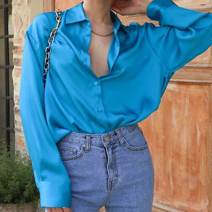 maoxiangshop  -  Autumn Office Lady Loose Turn Down Collar Button Clothes Fashion Blue Shirt New Long Sleeve Shirt for Women Blusas