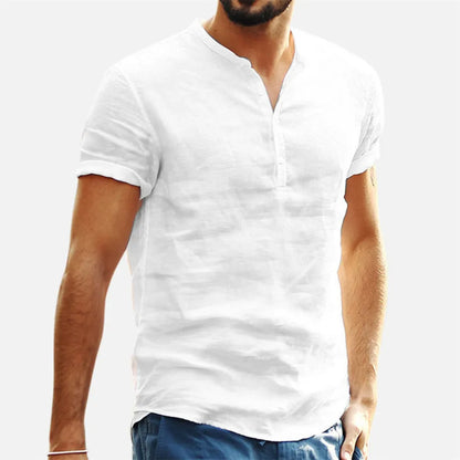 maoxiangshop 2024 New Men's Standing Collar Cotton Linen Short Sleeved Shirt Men's Designer Clothes Popular Tops for Men