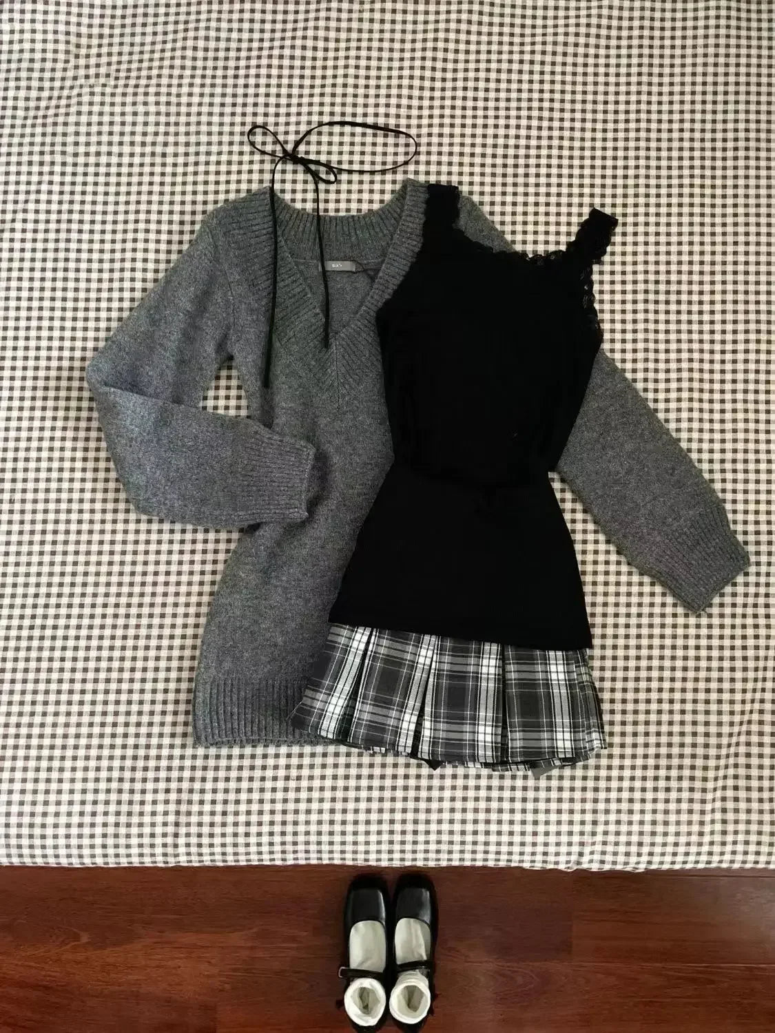 maoxiangshop  -  Women Clothing Autumn New Retro V-neck Sweater Knitted Pullover Top Strap Tank Top High Waist Slim Short Skirt Three Piece Set