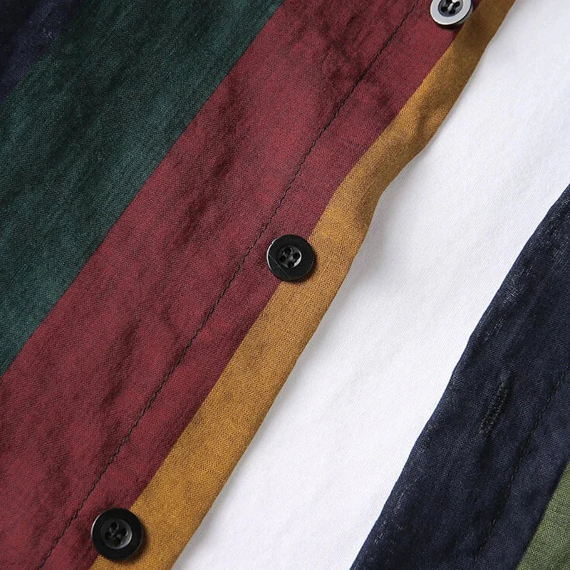 maoxiangshop Spring and Autumn Men's Street Colorful Vertical Stripes Loose Relaxed Polo Collar Single Breasted Long Sleeve Shirt New