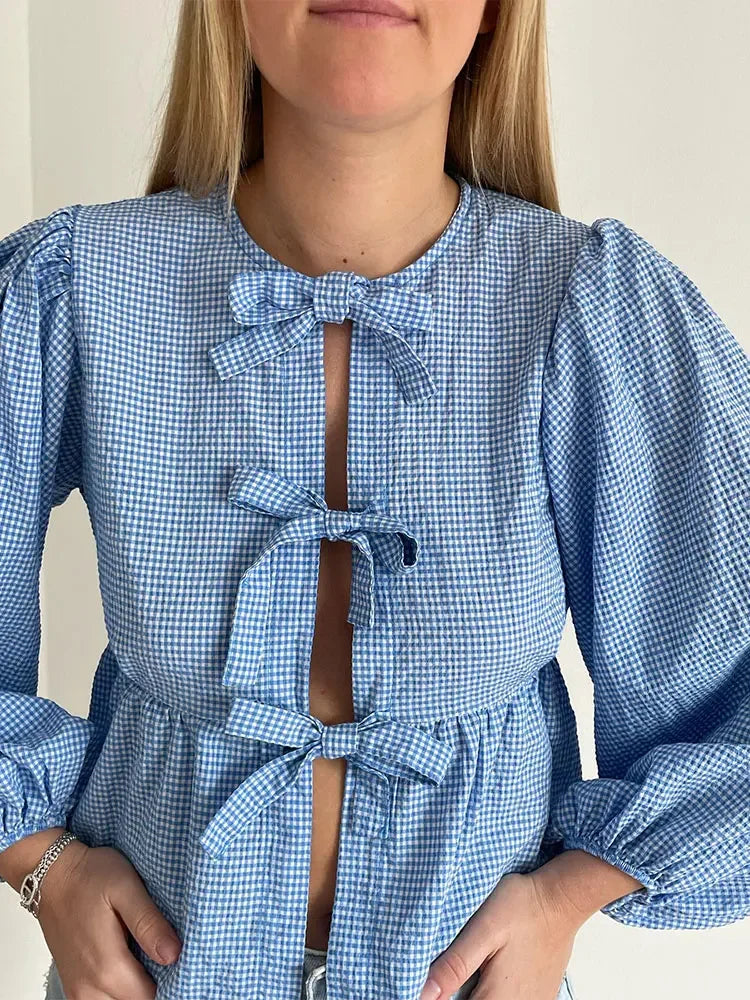 maoxiangshopWomen Casual Round Collar Plaid Bow Lace Up Shirt Elegant Loose Puff Sleeve Hallow Out Short Tops 2024 Spring Female Streetwear