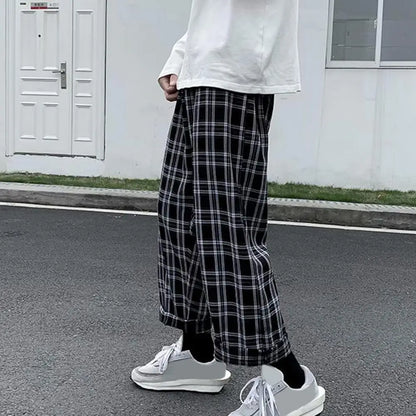maoxiangshop Autumn Men Pants Plaid Streetwear Wide Leg Elastic Waist Loose Sports Pants Trousers Checkered Wide Leg Pants for Travel
