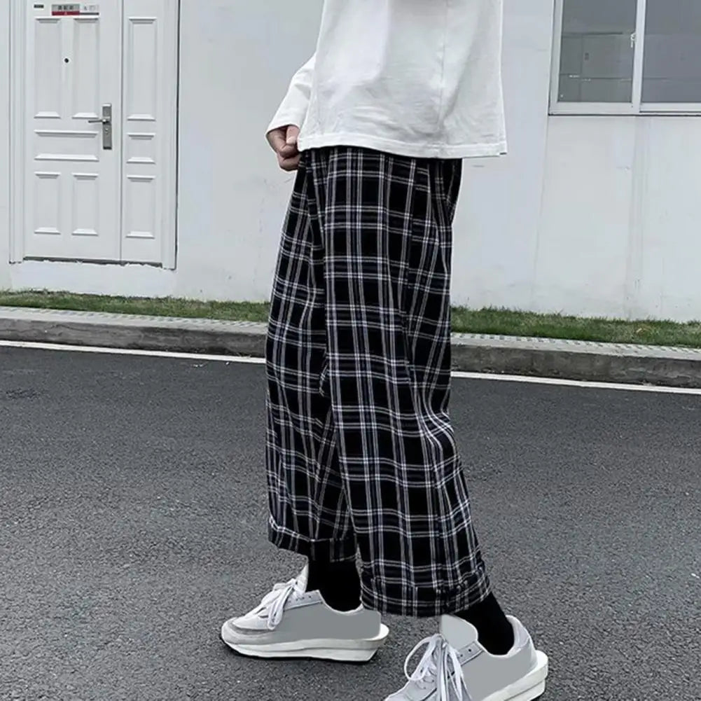 maoxiangshop Autumn Men Pants Plaid Streetwear Wide Leg Elastic Waist Loose Sports Pants Trousers Checkered Wide Leg Pants for Travel