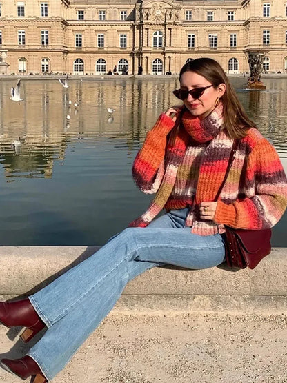 maoxiangshop  -  Women Casual Colorful Stripes With Scarf Knitted Pullover Fashion Full Sleeve Cashmere Sweater New Lady Autumn Winter Knitwear