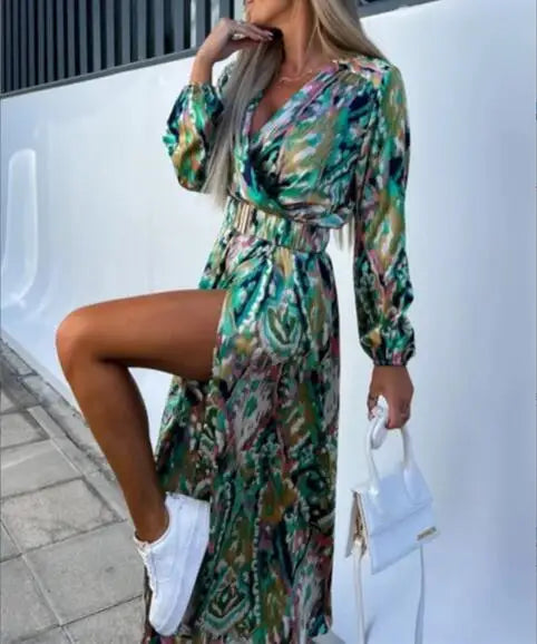 maoxiangshop-Boho Floral Print Long Dress Women Sexy Deep V-Neck Long Sleeve High Split Swing Dress with Belt Elegant Beach Dresses Vestidos