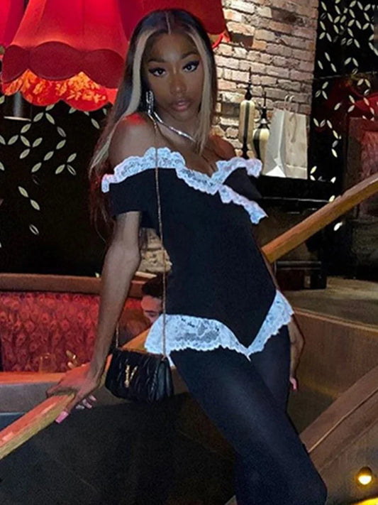 maoxiangshop  -  Sexy Off-Shoulder Lace Bodysuits For Women High Waist Slim Fashion Bodysuits Plunge Sleeveless Clothes 2024 Autumn New