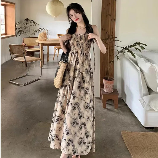 Summer New Sweet Elegant Halter Dress Slash Neck Floral High Waist Pleats Long Dress Patchwork Holiday Style Boho Dress