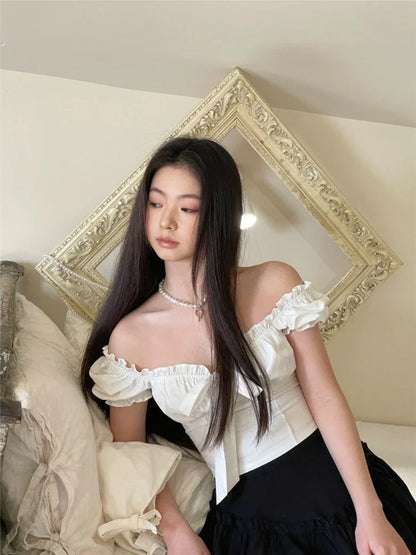 maoxiangshop-Kawaii White Blouse Women Sweet Ruffles Puff Sleeve Crop Tops Summer Short Sleeve Casual High Street Korean Fashion