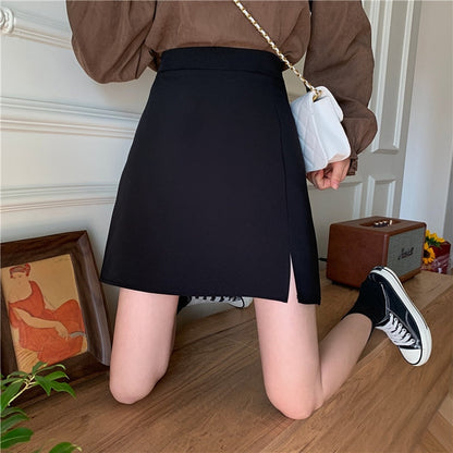 maoxiangshop Summer Women Mini Solid A-line Skirts Above Knee Simple Skirt With Linning Female Short Split Bottoms For Girls