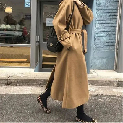 maoxiangshop Winter Korean Women Faux Woolen Coats Fashion Elegant Solid Belt Thickening Long Jacket Female Loose All Match Blends Outwear