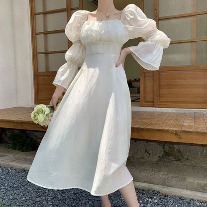 Sweet Puff Sleeves Dress Women Long Sleeve Sexy Backless Bow Bandage Dresses White Square Collar Elegant Party Vestidos