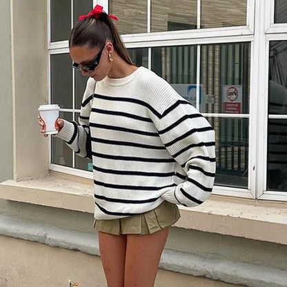 Women Striped Sweater Autumn Winter Old Money Style Basic O-Neck Long Sleeve Loose Sweater Warm Casual Knitted Pullover