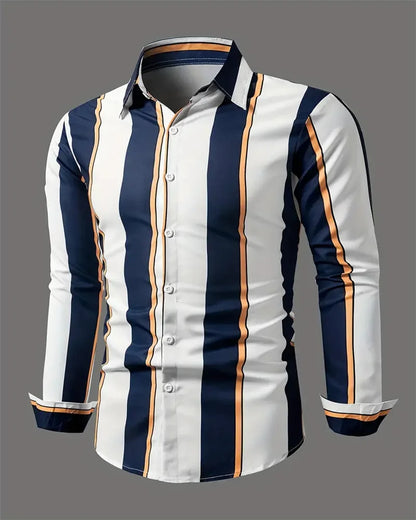 maoxiangshop Men's Fashion Loose Striped Pattern Shirt, Casual Breathable Lapel Button Long Sleeve Shirt Top Comfortable Soft Fabric 6XL