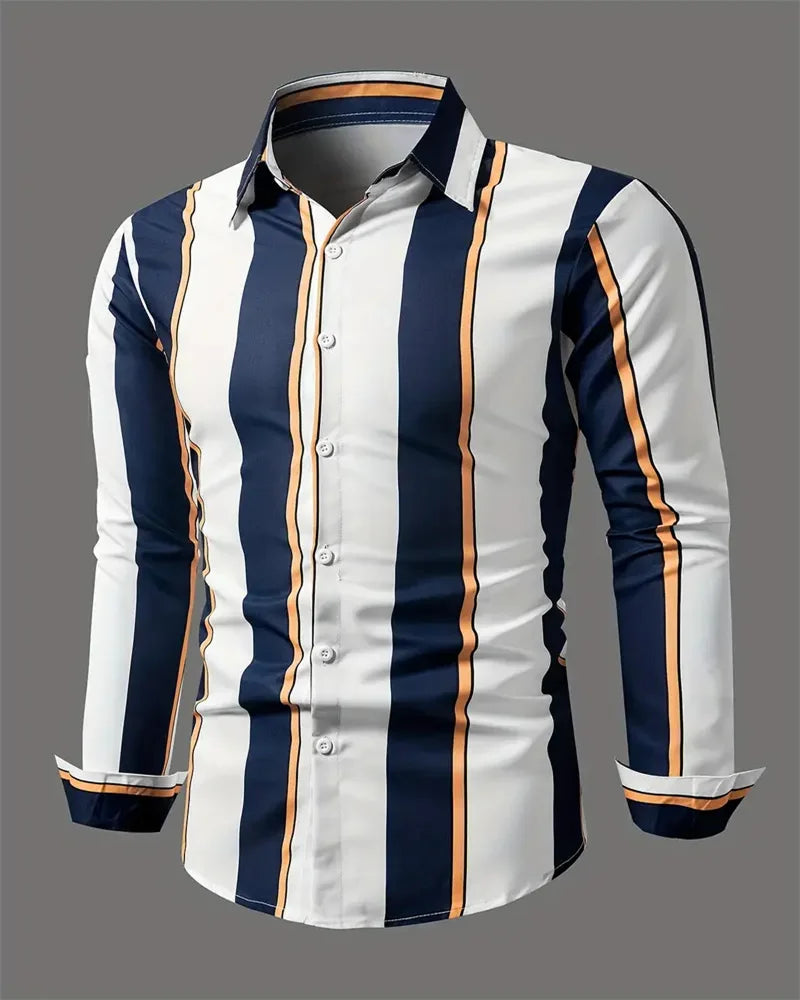 maoxiangshop Men's Fashion Loose Striped Pattern Shirt, Casual Breathable Lapel Button Long Sleeve Shirt Top Comfortable Soft Fabric 6XL