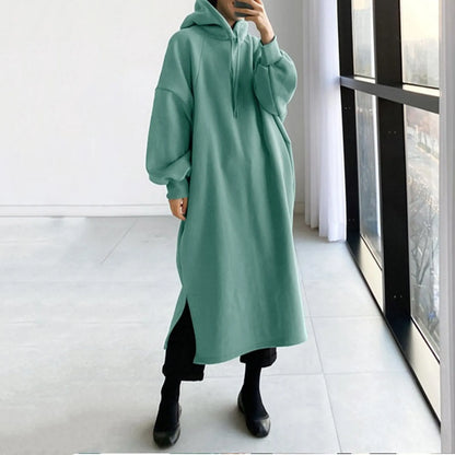 maoxiangshop New Fashion Hooded Sweatshirts Dress Women Casual Solid Long Sleeve Maxi Dresses Winter Clothes Vestidos Warm Robe Femme