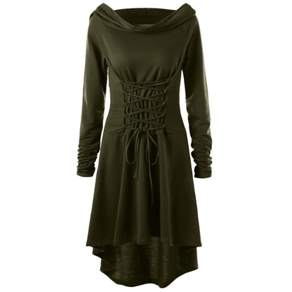 Autumn and Winter Women's Solid Color Festival Performance Dress With Long Sleeves and Hooded Lace-up Dress