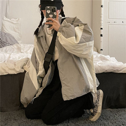 maoxiangshop Vintage Women's Windbreaker Jackets Harajuku Oversized Streetwear Trench Coats Couple Clothes Korean Fashion Top Sun-proof