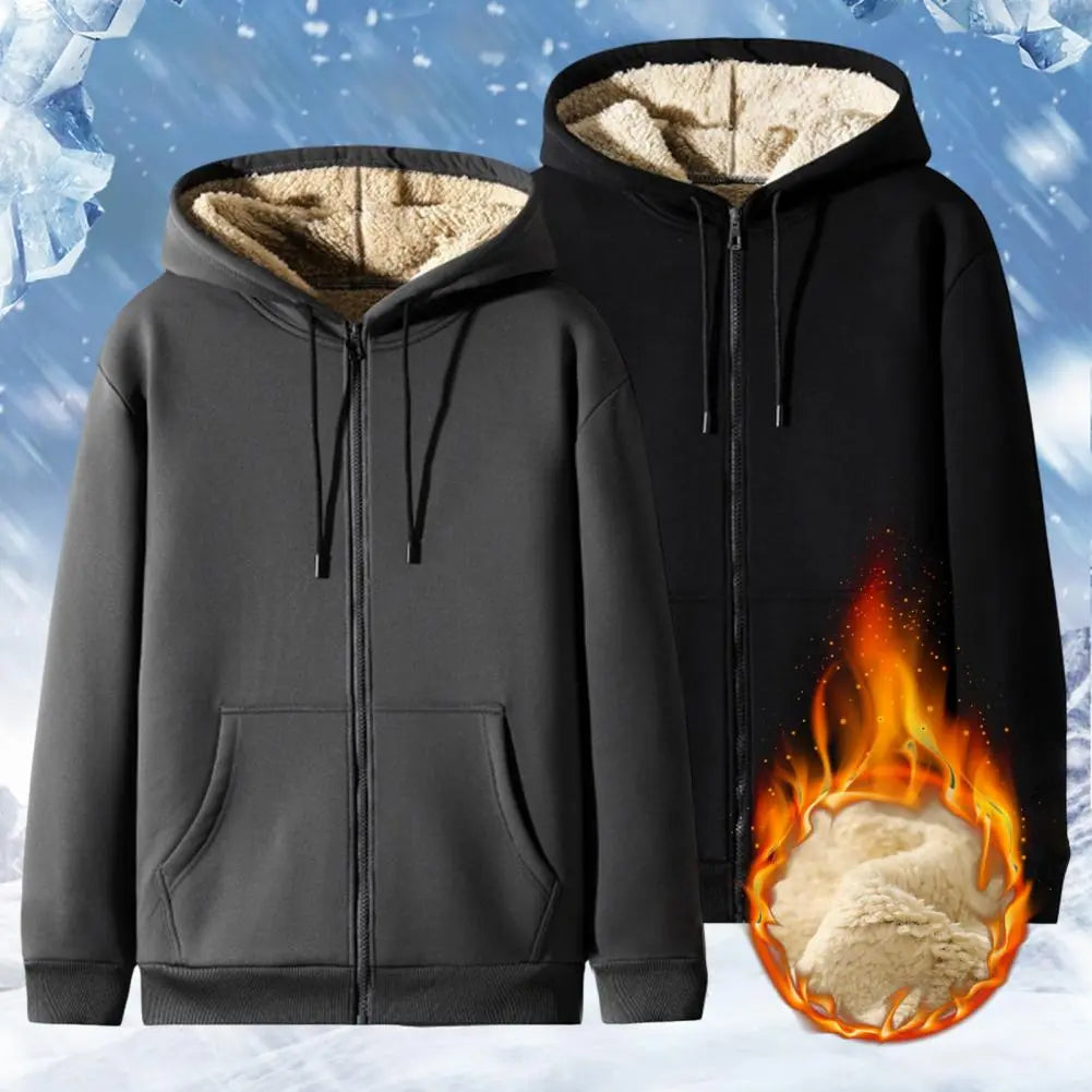 maoxiangshop Trendy Sweatshirt Coat Front Pockets Warm Zipper Lamb Wool Jacket  Men and Woman Winter Pure Color Plush Lined Cardigan Hoodie