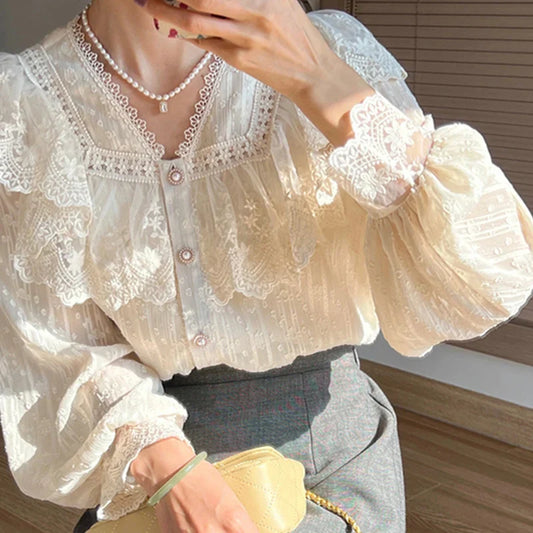 maoxiangshop-Vintage French Women Shirts Lace Lolita Elegant Long Sleeve Flounce Blouse High Quality Office Lady New Fashion Chic Female Tops