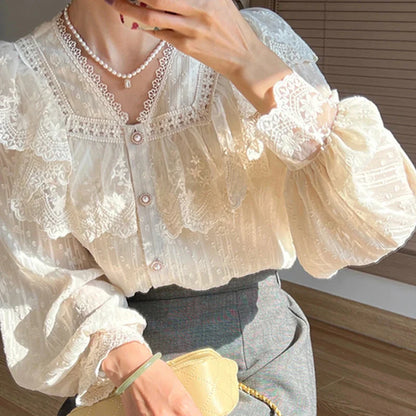 maoxiangshop-Vintage French Women Shirts Lace Lolita Elegant Long Sleeve Flounce Blouse High Quality Office Lady New Fashion Chic Female Tops