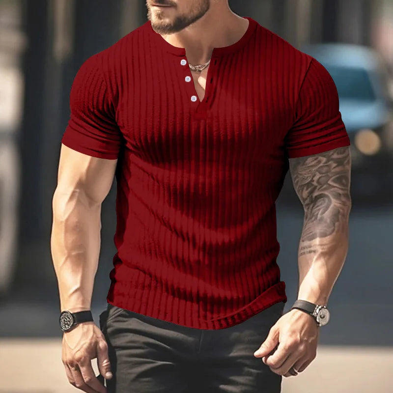 maoxiangshop Summer Slim Henry shirt short sleeve T-shirt Small T-shirt casual top sports fitness men's round neck T-shirt Ropa Hombre