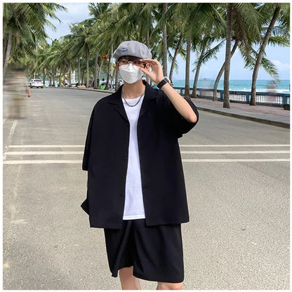 maoxiangshop Summer Two-Piece Men's Sets Shirt and Shorts Casual Outfits Oversized Short Suit Plain Clothes Clean Fit