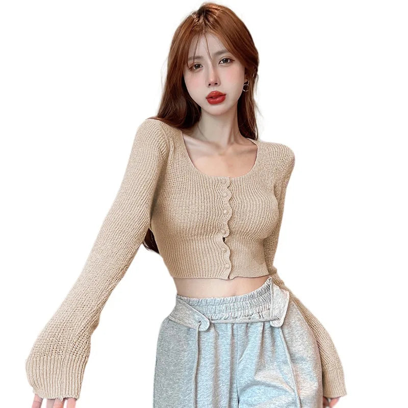 Women Autumn Long Sleeve Sweater Square Neck Slim Crop Top Female Winter Korean Solid Short Button Knitted Tops Chic Sweaters