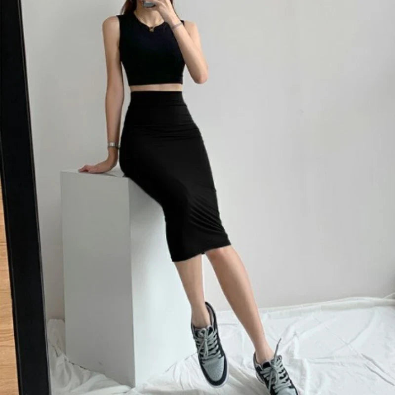 maoxiangshop Midi Pencil Skirts Women Slim Elastic Hotsweet European Style Fashionable Summer High Waist All-match Streetwear Young Sexy Lady