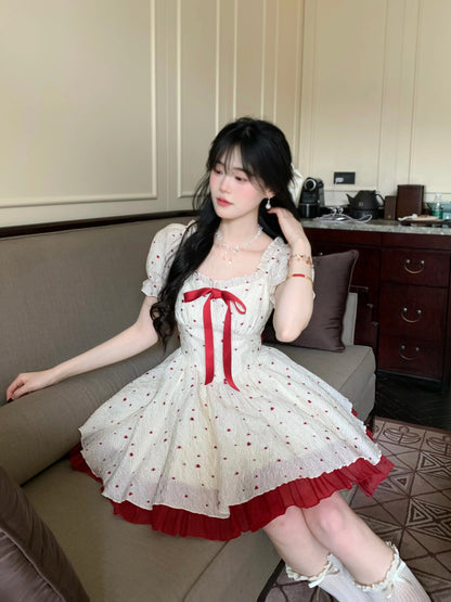 Summer Sweet Print Y2k Mini Dress Woman Bow Lolita Kawaii Short Party Dress Casual One Piece Dress Korean Fashion Hot Girls