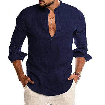 maoxiangshop Mens Button Down Shirt Linen Cotton Shirts Casual Long Sleeve Spread Collar Lightweight Beach Solid Color Tops