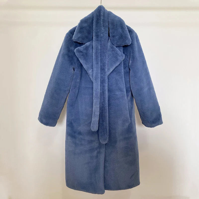 maoxiangshop  -  Luxury Winter Long Overcoats Women Oversized Lapel Belted Faux Rabbit Fur Coat Jacket Female Plus Size Outerwear Plush Fur Coats