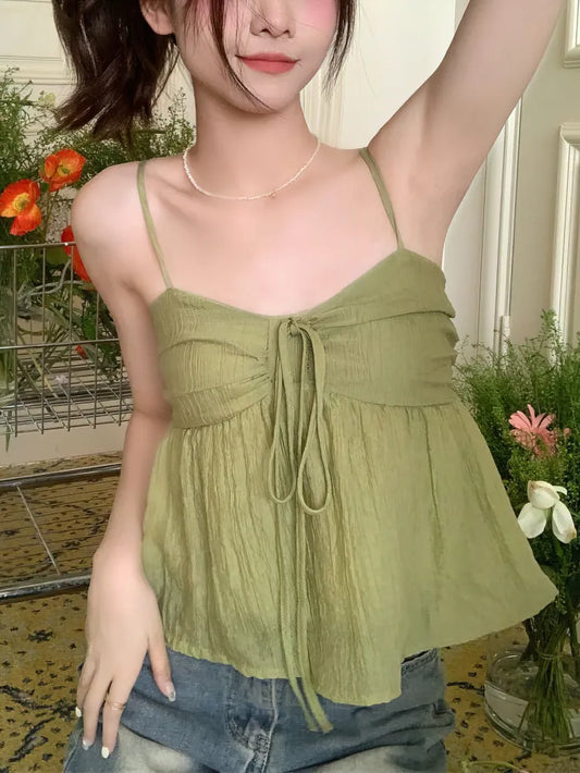 maoxiangshop-Korean Sweet Cami Top Bowknot Lace-Up Sleeveless T-Shirt Elegant Youth Clothes Women Fashion Off Shoulder