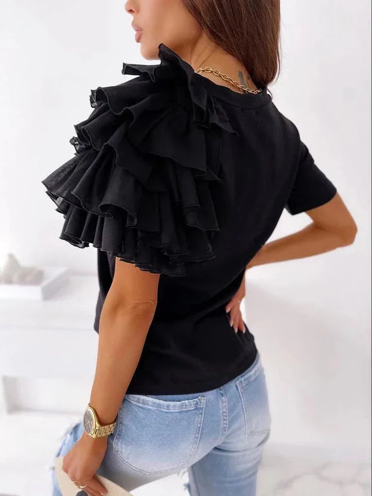 maoxiangshop Women Summer Ruffles Short Sleeve Loose T Shirt Chic Elegant Solid O Neck Tops Casual Simple All Match Tee Streetwear Blouse