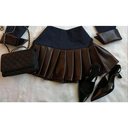 maoxiangshop  -  Y2K Harajuku Gothic Leather Jacket Casual Skirts Gothic Fashion Leather Patchwork Two Piece Clothing gothic Women Hot Sweetheart