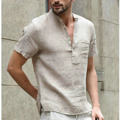 maoxiangshop Men Casual Cotton Linen ShirtsStanding Collar Male Solid Color Long Sleeves Loose Tops Spring Autumn Handsome Men's Shirts