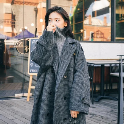 maoxiangshop Women Coat Plaid Tweed Wool Warm Long Jackets Female Overcoat Korean Fashion Outerwear Trench Coat Clothes Autumn Winter