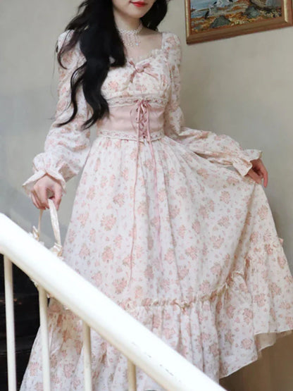 maoxiangshop-Spring Pink Floral Elegant Dress Women Bandage Lace Print Sweet Vintage Dress Puff Sleeve Kawaii Dress Women Princess Fairy