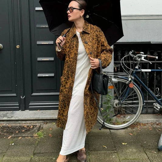 maoxiangshop  -  2024 Autumn Leopard Print Women Oversize Trench Long Sleeve Single Breasted Long Loose Jacket Female Y2K Coat Streetwear