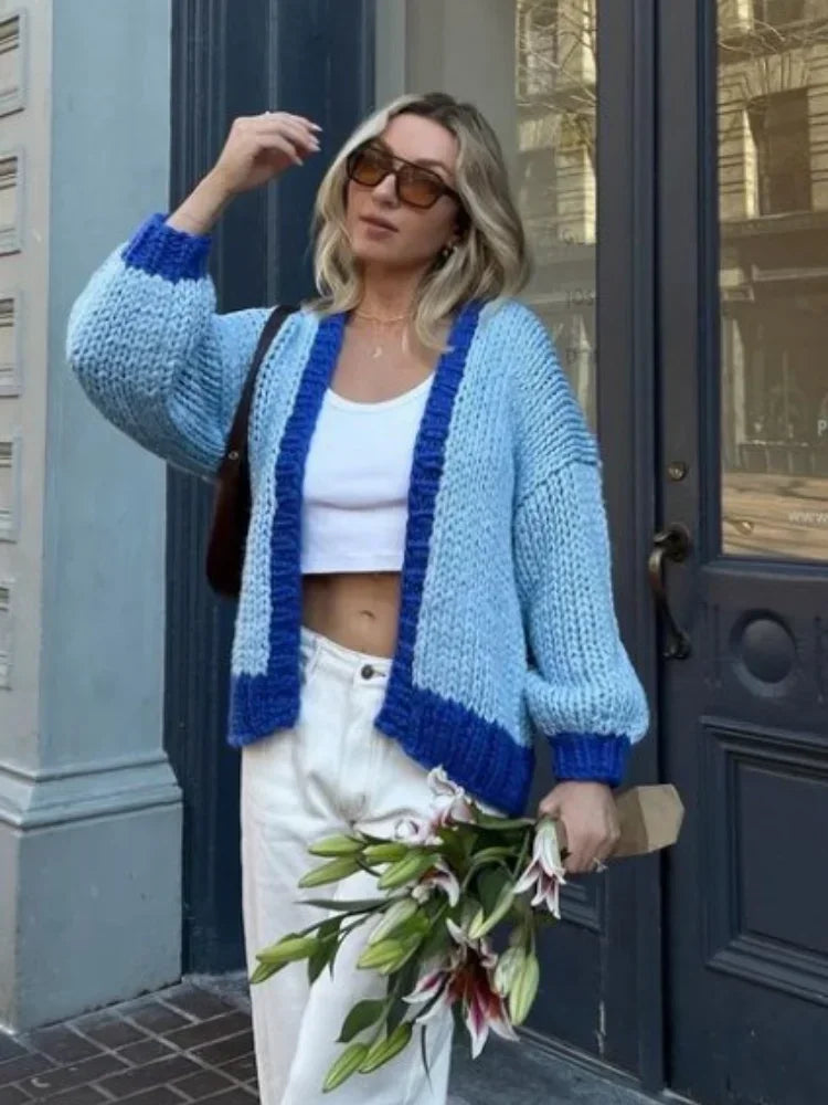 maoxiangshop  -  Women Casual Blue Contrast Color Knitted Sweater Jacket Loose Long Sleeve V Neck Cardigan Autumn Fashion Lady Street Knitwear