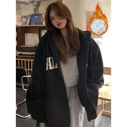maoxiangshop Streetwear Zip Up Hoodies Women Oversized Letter Print Sweatshirt Harajuku Korean Plus Fleece Thick Casual All Match Tops
