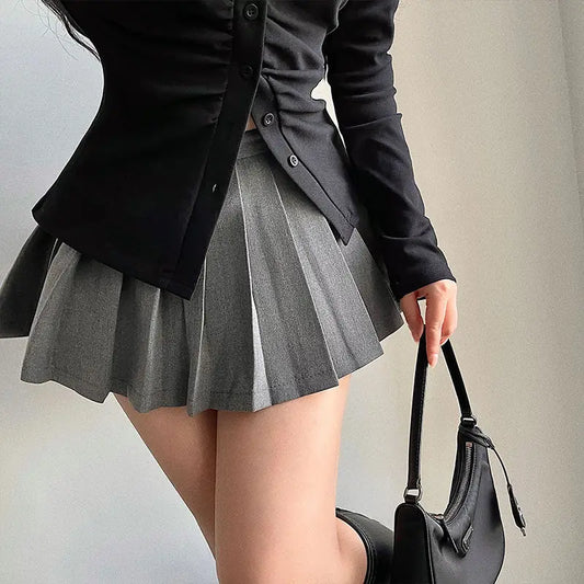 maoxiangshop Pleated Skirt with Shorts Women Sexy High Waist Grey A-line Korean Style Gyaru Mini Tennis Skirt School Girl Summer