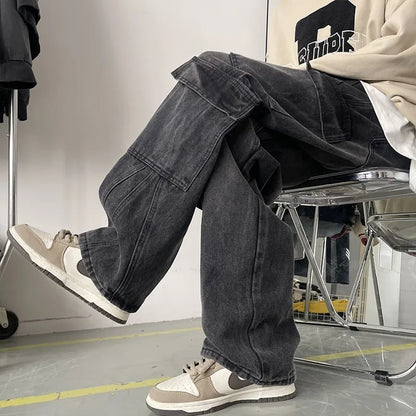 maoxiangshop Men's Patchwork Blue Cargo Jeans Unisex Straight Casual Trousers Men Muti-pockets Hip Hop Streetwear 90s Vintage Fashion Pants