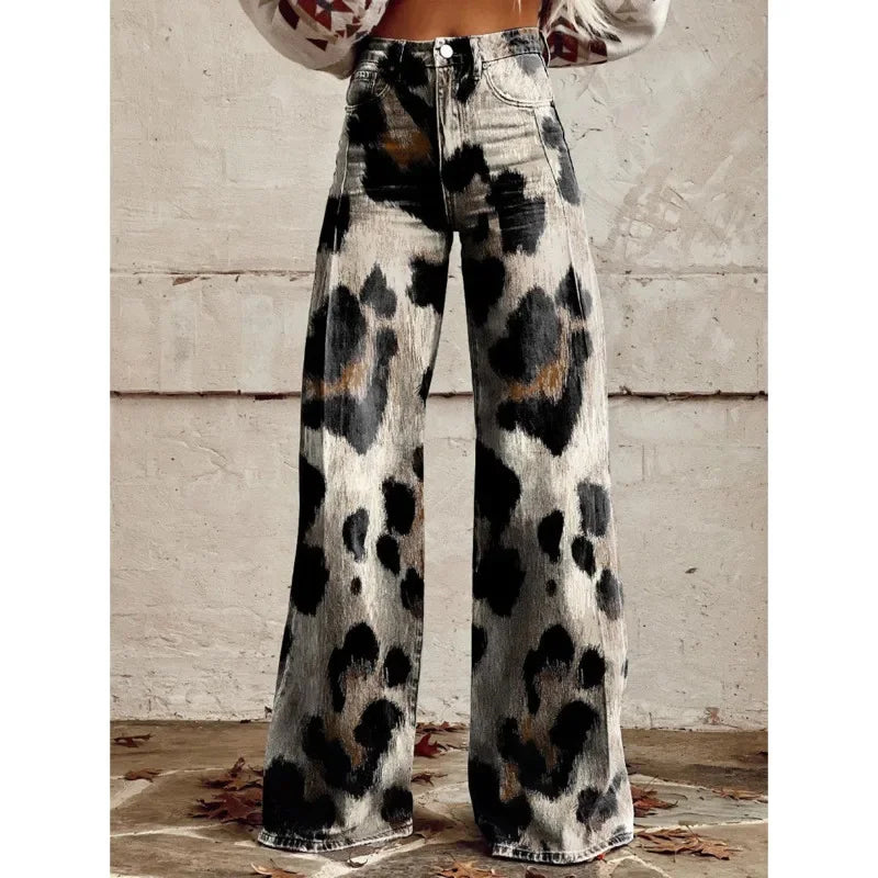 maoxiangshop  -  Trendy Retro Plus Size 3D Print Pants Women Autumn New Fashion Casual Comfortable Imitation Jeans Wide Leg Baggy Jeans Y2k Pants
