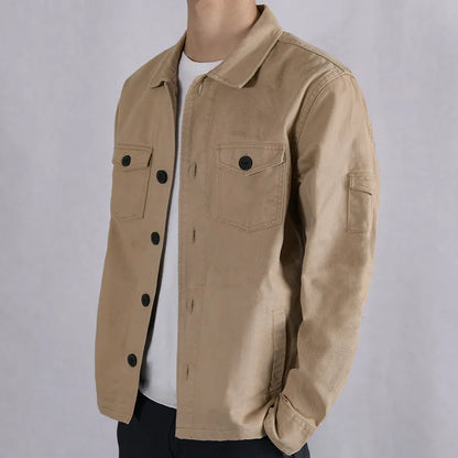 maoxiangshop 100% Cotton Tooling Japanese Jacket, New Coat Men's Long Sleeve Khaki Shirt, Casual Cotton Comfortable Thick Shirt camping