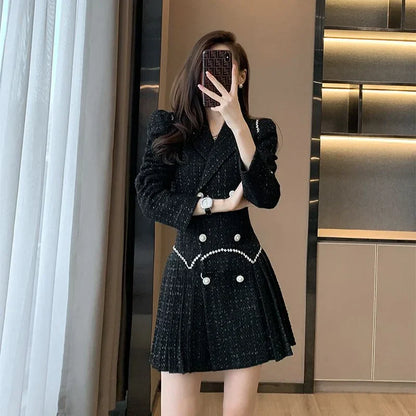 2024 Spring Women New High End Celebrity Style Slim Suit A-line Dress Korean White Mid Length Blazer Dress For Splicing Coat