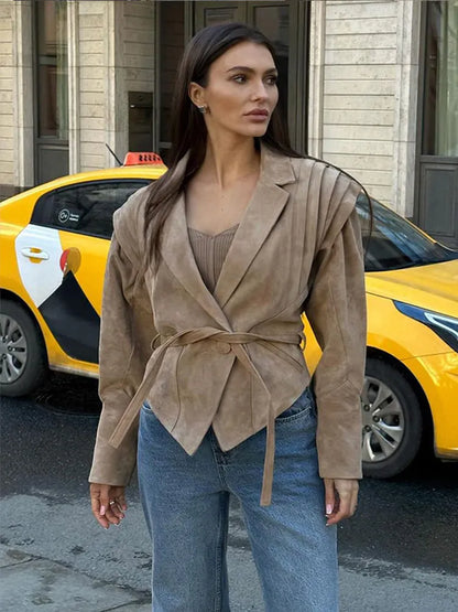 maoxiangshop  -  Fashion Solid Lapel Motorcycle Jackets With Belt Women Casual Long Sleeve Button Coats 2024 Winter Lady High Street Outercoat